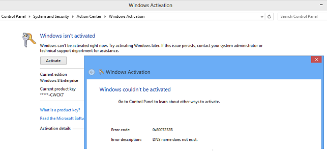 Activation of Windows 8 Enterprise failed